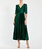 Color:Emerald - Image 1 - 3/4 Sleeve V-Neck Pleated Satin Dress