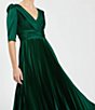 Color:Emerald - Image 3 - 3/4 Sleeve V-Neck Pleated Satin Dress