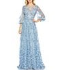 Color:Blue - Image 1 - 3D Floral Embroidered Round Illusion Neck Long Balloon Sleeve Gown