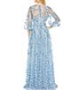 Color:Blue - Image 2 - 3D Floral Embroidered Round Illusion Neck Long Balloon Sleeve Gown