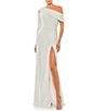 Color:White - Image 1 - Asymmetric One Shoulder Long Sleeve Thigh High Slit Ruched Sequin Gown