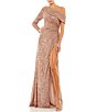 Color:Copper - Image 1 - Asymmetric One Shoulder Long Sleeve Thigh High Slit Ruched Sequin Gown