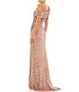 Color:Copper - Image 2 - Asymmetric One Shoulder Long Sleeve Thigh High Slit Ruched Sequin Gown