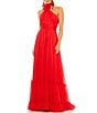 Color:Red - Image 1 - Asymmetrical Halter Neck Floral Applique Chiffon Gown
