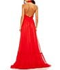 Color:Red - Image 2 - Asymmetrical Halter Neck Floral Applique Chiffon Gown