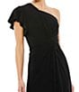 Mac Duggal Asymmetrical Hem One Shoulder Short Flutter Sleeve Ruched Twist Waist Faux Wrap Midi Dress, Color:Black - Image 3
