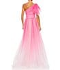 Mac Duggal Asymmetrical One Shoulder Short Ruffle Sleeve Ruched Ombre Ballgown, Color:Hot Pink Ombre - Image 2