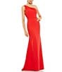 Mac Duggal Asymmetrical Ruched One Shoulder Sleeveless Open Back Detail Trumpet Sheath Gown, Color:Red - Image 1