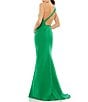 Mac Duggal Asymmetrical Ruched One Shoulder Sleeveless Open Back Detail Trumpet Sheath Gown, Color:Emerald - Image 2