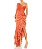 Color:Orange - Image 1 - Ruffle Asymmetrical Hemline Cut Out Side One Shoulder Long Blouson Sleeve Ruched Gown