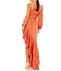 Color:Orange - Image 2 - Ruffle Asymmetrical Hemline Cut Out Side One Shoulder Long Blouson Sleeve Ruched Gown