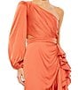 Color:Orange - Image 3 - Ruffle Asymmetrical Hemline Cut Out Side One Shoulder Long Blouson Sleeve Ruched Gown