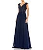 Mac Duggal Beaded Applique Bodice V-Neck Cap Sleeve A-Line Gown - Image 1