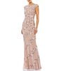 Color:Nude/Silver - Image 1 - Beaded Boat Neck Cap Sleeve Sheath Gown