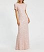 Color:Blush - Image 1 - Beaded Crew Neck Ruched Short Sleeve Gown