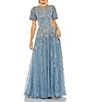 Color:Slate Blue - Image 1 - Beaded Crew Neck Short Puffed Sleeve A-Line Gown