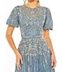 Color:Slate Blue - Image 3 - Beaded Crew Neck Short Puffed Sleeve A-Line Gown