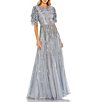 Color:Slate Blue - Image 1 - Beaded Crew Neck Short Ruffle Tiered Sleeve Gown