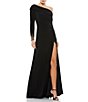 Color:Black Multi - Image 1 - Beaded Cuff Drop Shoulder Asymmetrical One Shoulder Long Sleeve Thigh High Slit Gown