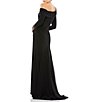 Color:Black Multi - Image 2 - Beaded Cuff Drop Shoulder Asymmetrical One Shoulder Long Sleeve Thigh High Slit Gown