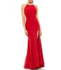 Color:Red - Image 1 - Beaded Halter Neck Sleeveless Thigh High Slit Open Back Detail Gown