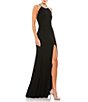 Color:Black - Image 1 - Beaded Halter Neck Sleeveless Thigh High Slit Open Back Detail Gown