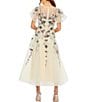 Color:Nude - Image 2 - Beaded Illusion Crew Neck Flutter Sleeve Fit and Flare Dress