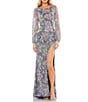 Color:Grey Multi - Image 1 - Beaded Illusion Long Sleeve Gown