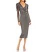 Color:Charcoal - Image 1 - Beaded Long Puffed Sleeve Surplice V-Neck Midi Dress