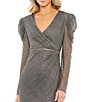 Color:Charcoal - Image 3 - Beaded Long Puffed Sleeve Surplice V-Neck Midi Dress