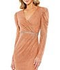 Color:Copper - Image 3 - Beaded Long Puffed Sleeve Surplice V-Neck Midi Dress