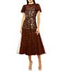 Mac Duggal Beaded Mesh High Neck Short Flutter Sleeve Fringe A-Line Dress, Color:Espresso - Image 1