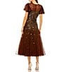 Mac Duggal Beaded Mesh High Neck Short Flutter Sleeve Fringe A-Line Dress, Color:Espresso - Image 2