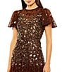 Mac Duggal Beaded Mesh High Neck Short Flutter Sleeve Fringe A-Line Dress, Color:Espresso - Image 3