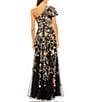 Color:Black Multi - Image 2 - Beaded Mesh One Shoulder Sleeveless A-Line Gown