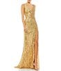 Color:Gold - Image 1 - Beaded Sequin V-Neck Sleeveless Thigh High Side Slit Gown