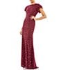 Mac Duggal Beaded Short Flutter Sleeve Crew Neck Sheath Gown, Color:Raspberry - Image 1