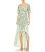 Mac Duggal Beaded Short Flutter Sleeve Surplice V-Neck High-Low Faux Wrap Gown, Color:Sage - Image 1