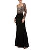 Mac Duggal Beaded Square Neck Long Illusion Sleeve Jersey Side Slit Gown, Color:Black Gold - Image 1