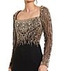 Mac Duggal Beaded Square Neck Long Illusion Sleeve Jersey Side Slit Gown, Color:Black Gold - Image 3
