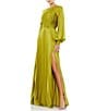 Color:Apple Green - Image 1 - Crew Neck Long Blouson Cuff Sleeve Pleated High Slit Gown