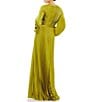 Color:Apple Green - Image 2 - Crew Neck Long Blouson Cuff Sleeve Pleated High Slit Gown