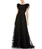 Color:Black - Image 1 - Round Neck Short Feather Sleeve A-Line Beaded Floral Gown