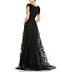 Color:Black - Image 2 - Round Neck Short Feather Sleeve A-Line Beaded Floral Gown