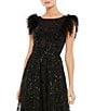 Color:Black - Image 3 - Round Neck Short Feather Sleeve A-Line Beaded Floral Gown