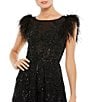 Color:Black - Image 5 - Round Neck Short Feather Sleeve A-Line Beaded Floral Gown