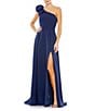 Mac Duggal Bow One Shoulder Front Slit Asymmetrical A-Line Gown, Color:Midnight - Image 1