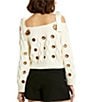 Color:Cream - Image 2 - Cable Knit Off-the-Shoulder Long Sleeve Grommet Cropped Sweater