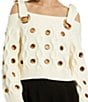 Color:Cream - Image 3 - Cable Knit Off-the-Shoulder Long Sleeve Grommet Cropped Sweater