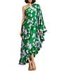 Color:Green Multi - Image 1 - Charmeuse Floral Print One Long Sleeve Asymmetric Ruffle Draped Gown